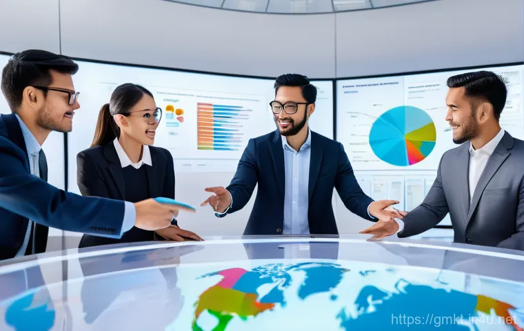 해외마케팅 실무 노하우 - A diverse group of five business professionals from various cultural backgrounds (e.g., Asian, Cauca...