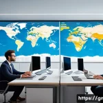 Home 21 해외마케팅 전문지와 구독 추천 - A modern office setting with diverse marketing professionals analyzing global market trends on multi...