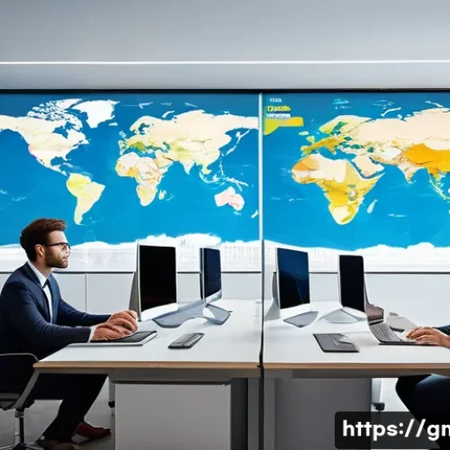 Home 33 해외마케팅 전문지와 구독 추천 - A modern office setting with diverse marketing professionals analyzing global market trends on multi...