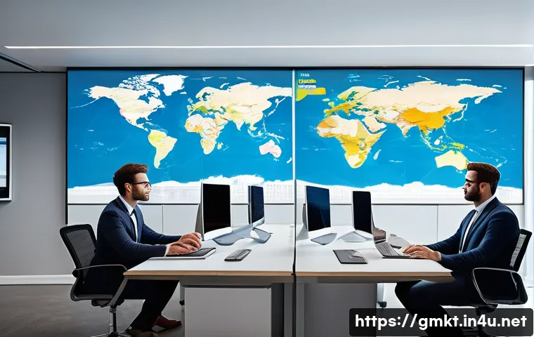 해외마케팅 전문지와 구독 추천 - A modern office setting with diverse marketing professionals analyzing global market trends on multi...