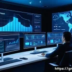 Home 20 해외마케팅 KPI 설정 및 모니터링 - A modern global marketing command center with diverse teams analyzing real-time KPI dashboards on la...