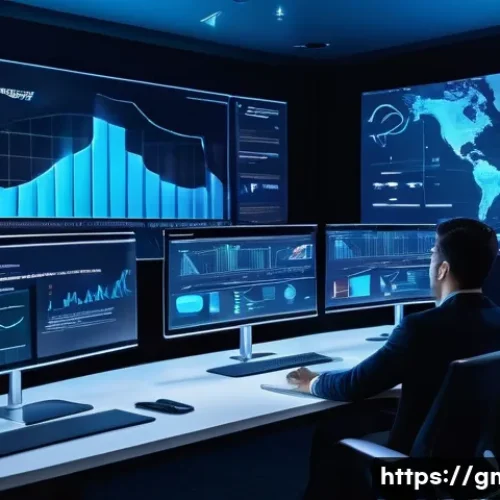 Home 32 해외마케팅 KPI 설정 및 모니터링 - A modern global marketing command center with diverse teams analyzing real-time KPI dashboards on la...