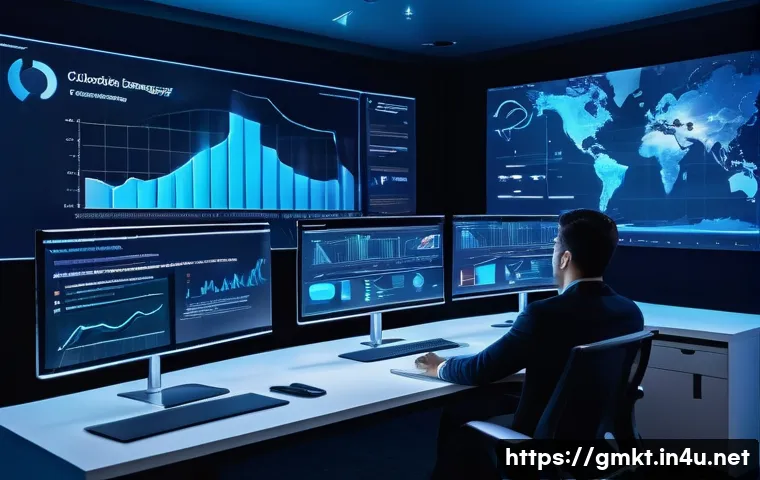 해외마케팅 KPI 설정 및 모니터링 - A modern global marketing command center with diverse teams analyzing real-time KPI dashboards on la...