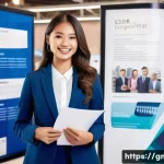 Home 19 해외마케팅 취업박람회 준비 - A professional young woman attending an overseas marketing job fair, dressed in a neat business suit...