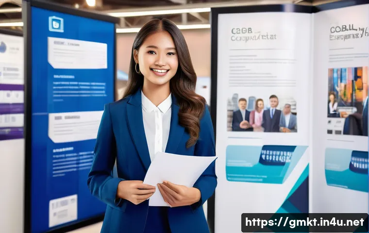 해외마케팅 취업박람회 준비 - A professional young woman attending an overseas marketing job fair, dressed in a neat business suit...