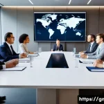 Home 18 해외마케팅 전문가 필수 도서 - A professional business meeting scene showing a diverse group of international marketing experts sea...