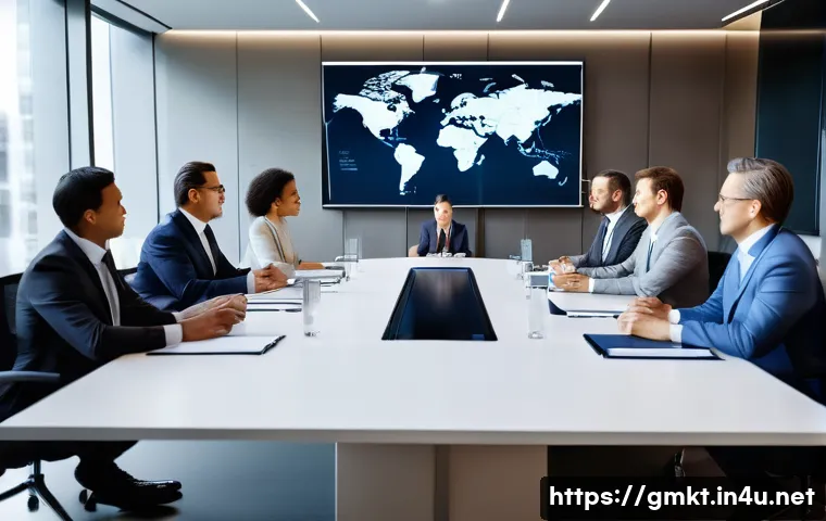 해외마케팅 전문가 필수 도서 - A professional business meeting scene showing a diverse group of international marketing experts sea...