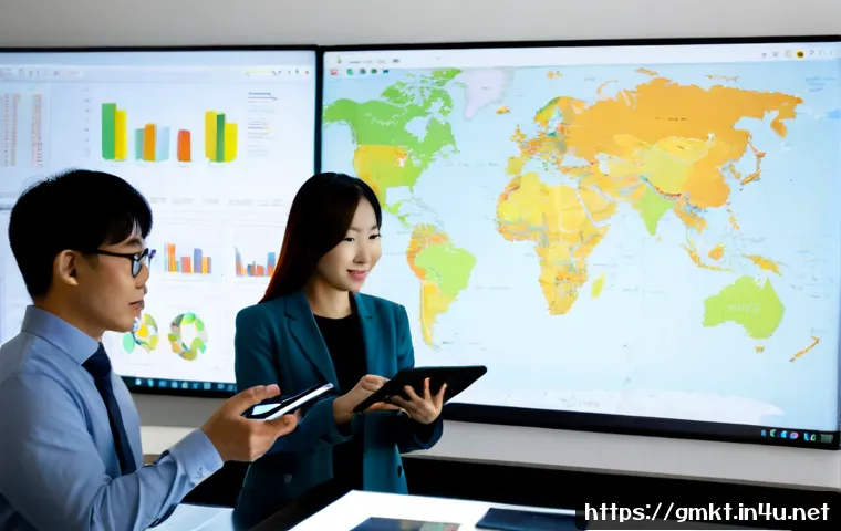 해외마케팅에서의 데이터 분석 중요성 - Photorealistic international marketing analyst in a modern office, diverse professionals studying a ...