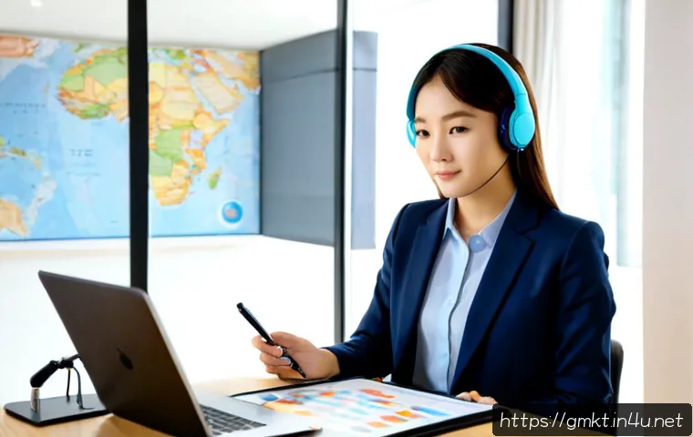 해외마케팅 직무 인터뷰 준비 - Photorealistic overseas marketing job interview preparation scene, confident young professional seat...