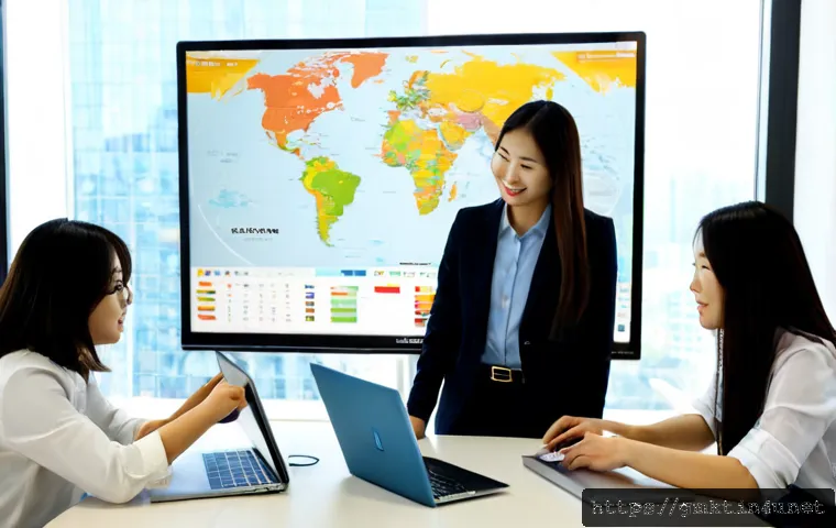 해외마케팅 실습과 인턴십 경험 공유 - Photorealistic international marketing internship scene, confident young professional and diverse te...